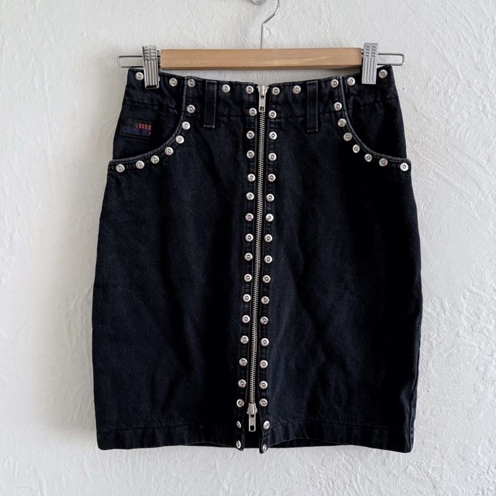 Vintage 90s Black Denim Studded Front Zipper Mini Skirt Size 24